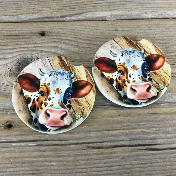 Peeking Cow Rustic Car Coasters Set of 2 - Picture 2 of 5